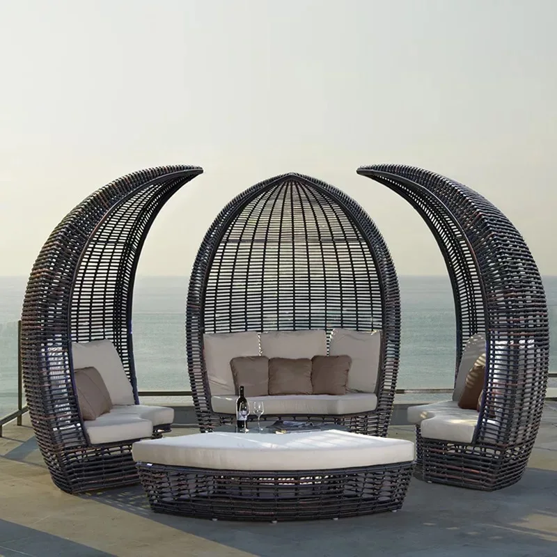 
Outdoor furniture wicker sunbed rattan beach day bed with canopy 