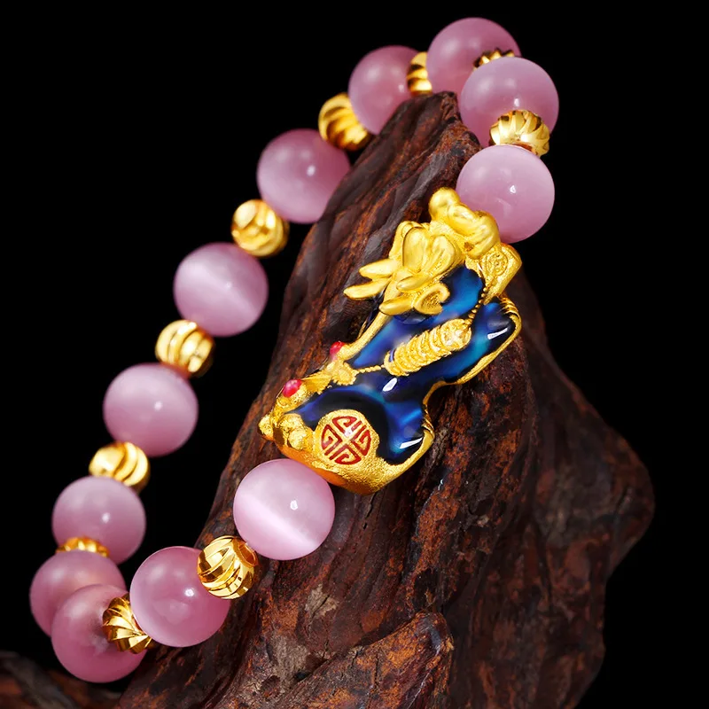 

Vietnam Alluvial Gold Lucky Pink Crystal Beads Thermochromic Color Change China Enamel Pixiu Charms Bracelets, Gold color