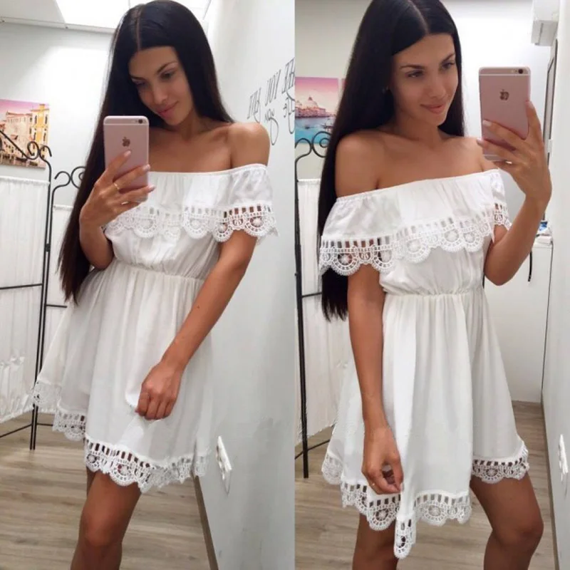

2019 Spring New Fashion Solid Color Dress Casual Off Should Loose Dresses Short Sleeve Bow Elegant Lace Beach Vestidos Plus Size, Black white