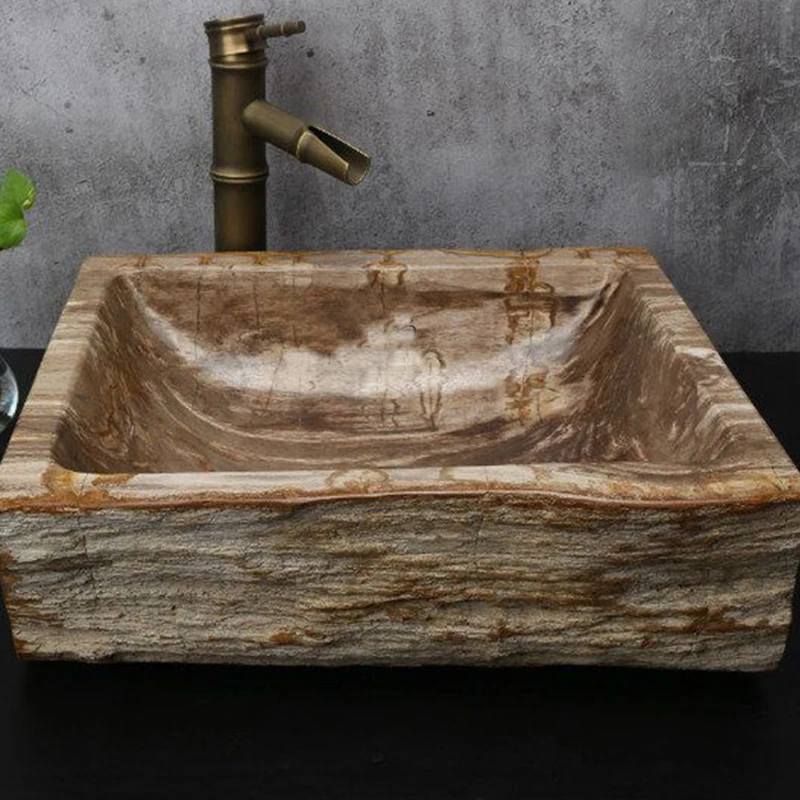 Rectangular Petrified Wood Sinks Stone Basin Washing Bowl Fossil Sink Natural