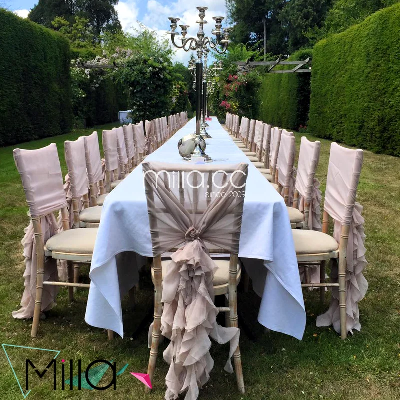 
Hot sale wholesale blush chiffon ruffled wedding chair cover sash hood 