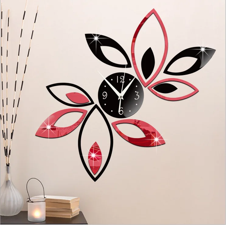 

New products Acrylic 3d mirror DIY leaf quartz hot sell wall clock, Silver, other colors available