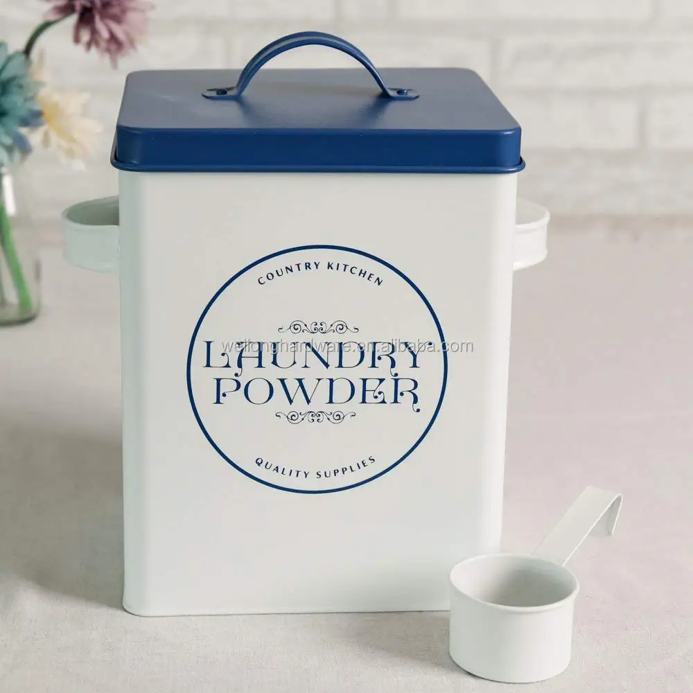 Square White Metal Laundry Washing Powder Tin Box With Scoop - Buy ...