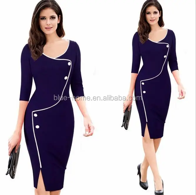 

2019 Womens Vintage Brief Split Bottom Elegant Casual Work 3/4 Sleeve Deep O-Neck Bodycon Knee Women Office Pencil Dress, 3colors