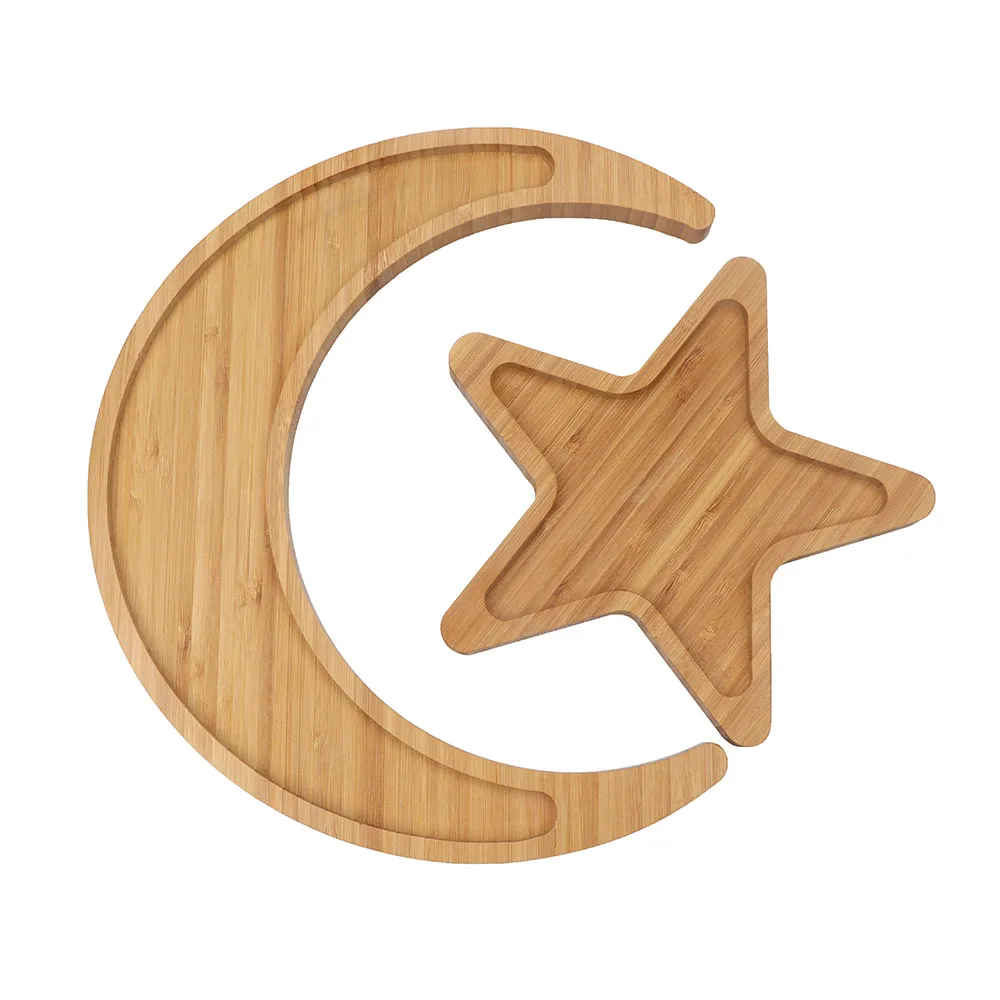 

Healthy Contemporary Snack Serving Tray Muslim plate Bamboo Star And Moon Shaped Service Small Wooden Food Tray, Natural color