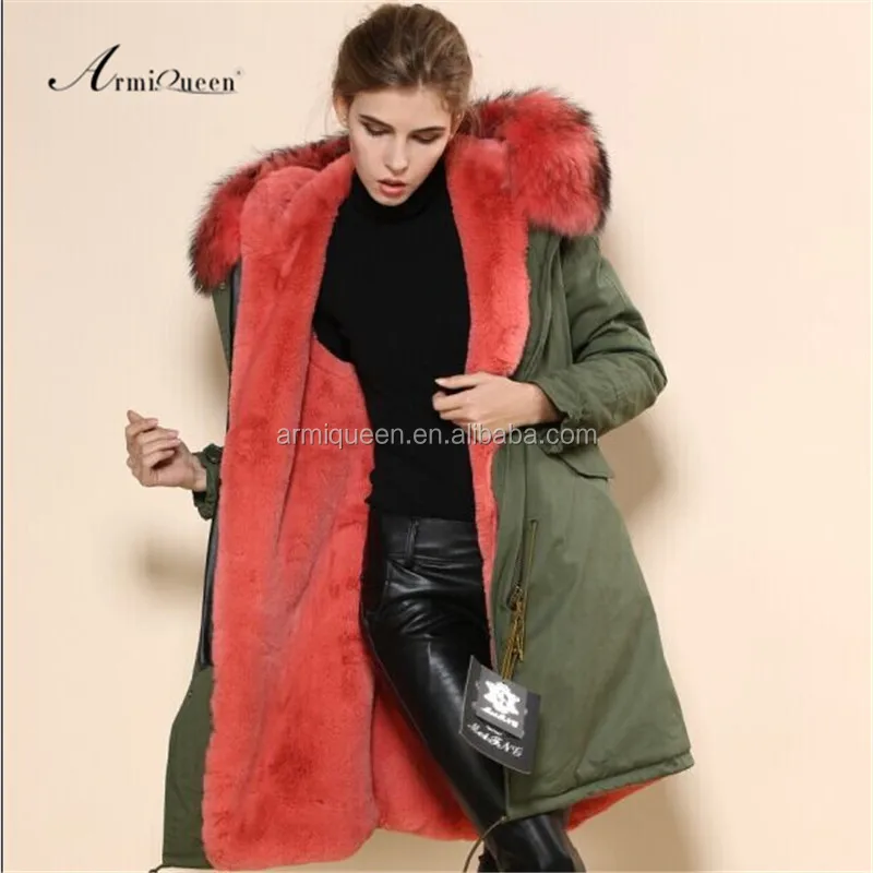 

2017 Wholesale Womens Military Green Long Parka Winter Watermalon Red Faux Fur Raccoon Hooded Jacket Coat, Picture and customized;army green;watermalon red