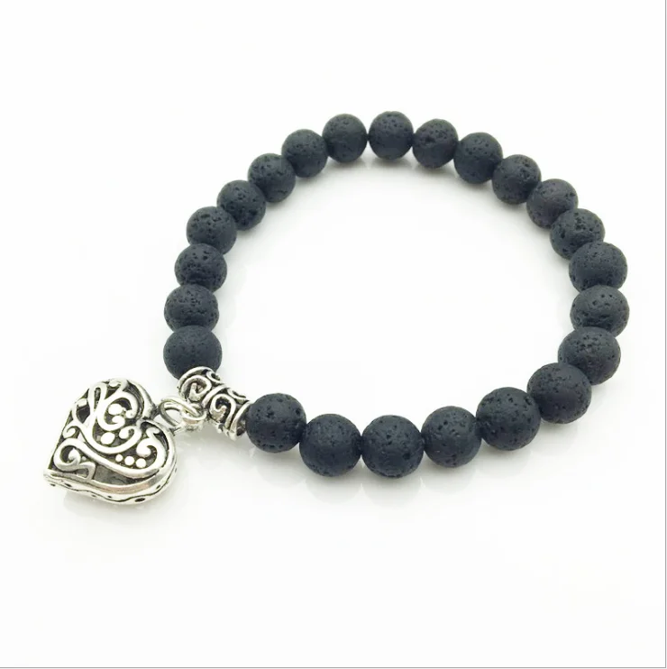 

Aromatherapy Jewelry Lava Stone Beads Bracelet Ancient Silver Color Heart Charms Pendant Bracelet, Black