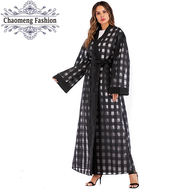 

1658# Casual simple design hijab women's slim plaid cardigan dress with belt abaya, As show
