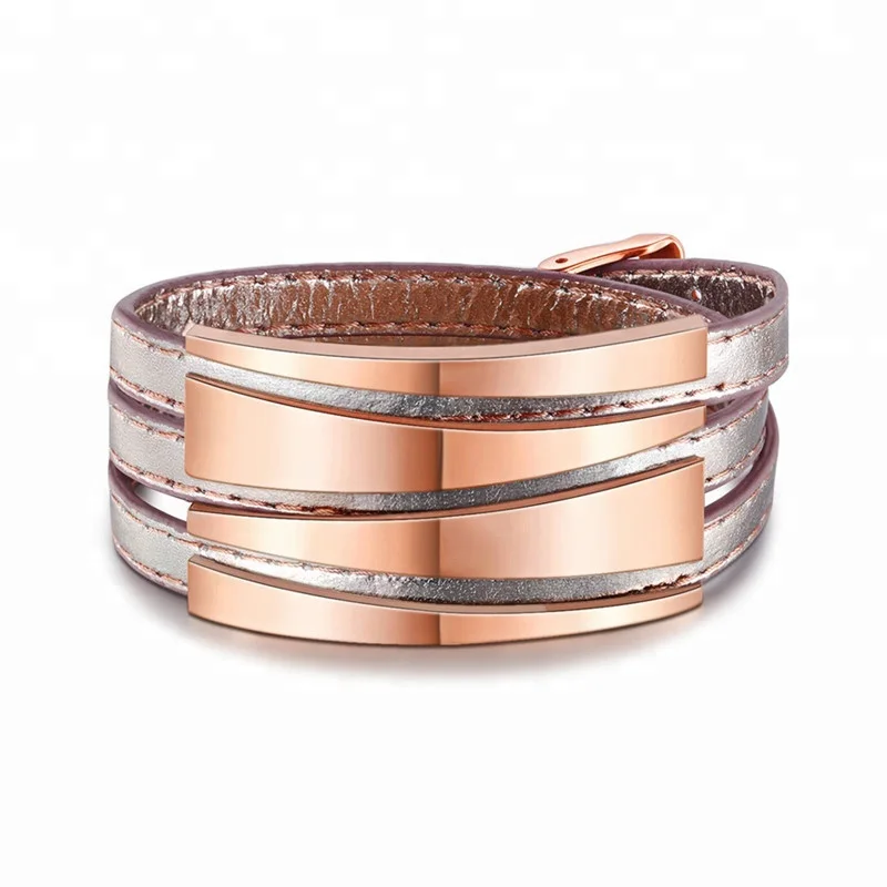 

Quality Trendy Medical Stainless Steel Jewelry Rose Gold Wide Genuine Leather Women Wrap Bracelet