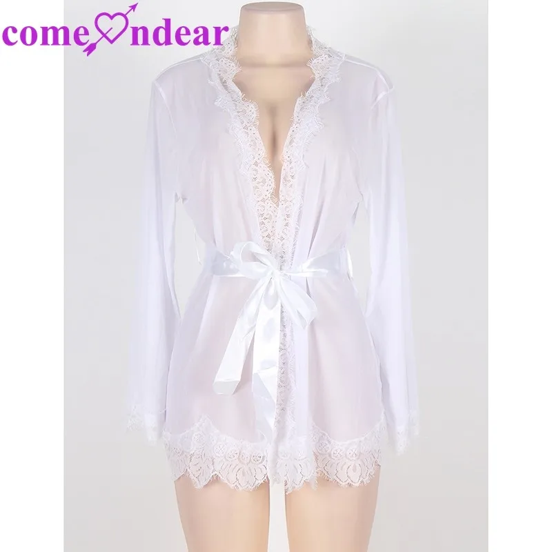 Plus Size Transparent Mature Ladies White Lingerie Lace Robe Bridal