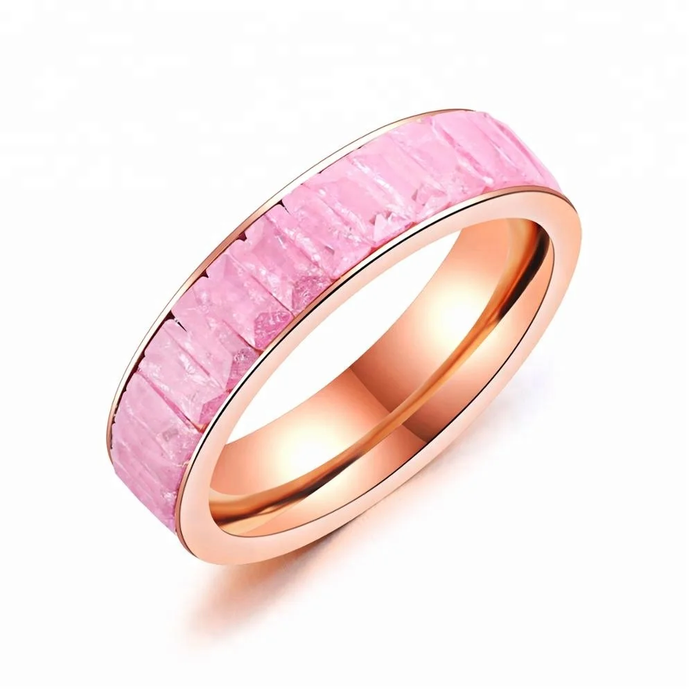 

Stainless Steel 18K Rose Gold Pink Quartz Diamond Ring, Pink;purple;black;white