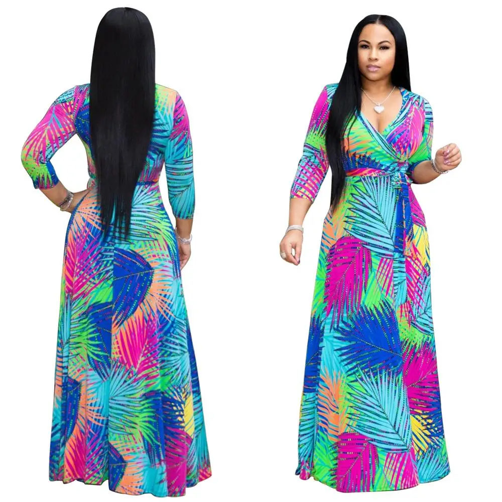 

Hotsale women sexy print chiffon casual deep v neck chiffon maxi dress with three quarter long sleeve