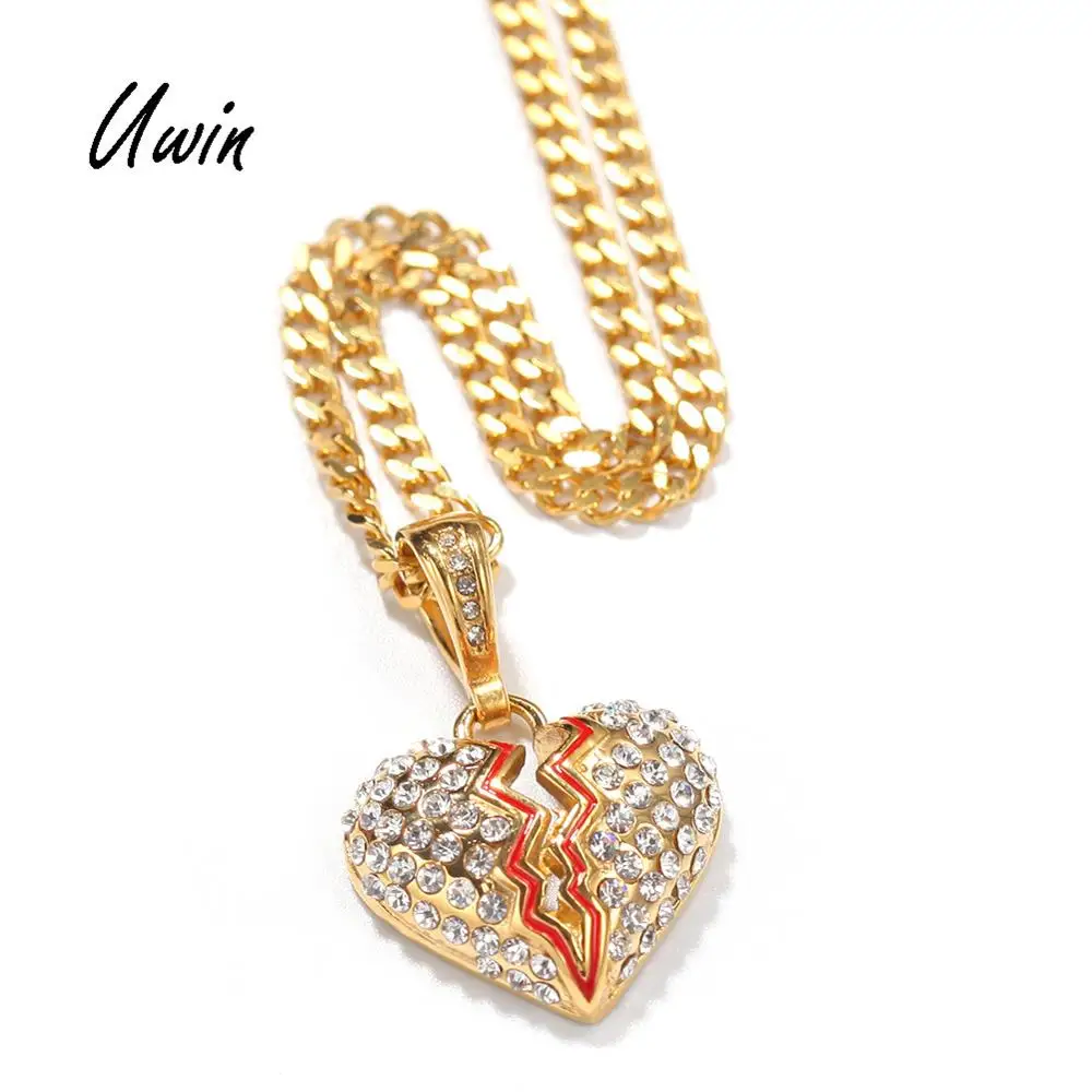 

Wholesale Mini Hiphop Broken Heart Pendant Hollow Gold Plated Stainless Steel Necklace Punk Iced Out Jewelry Cuban Link Unisex, Silver / gold