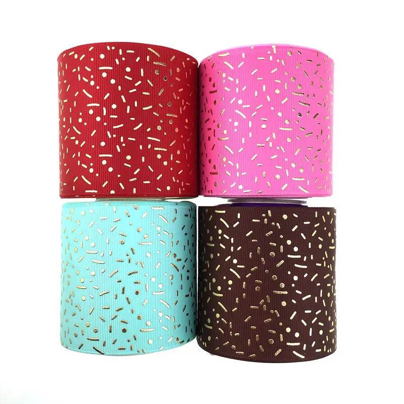 

3" 75mm dots foil gold printed with solid grosgrain ribbon , very soft to make big bow, 196 colors
