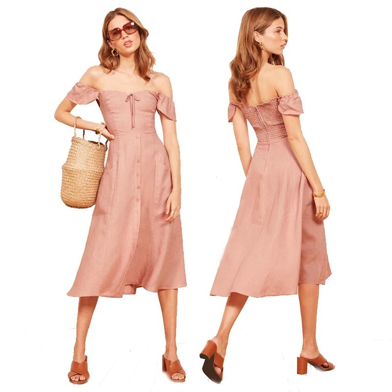 

Elegant women pure linen dress short sleeves midi dress, Pink or customized