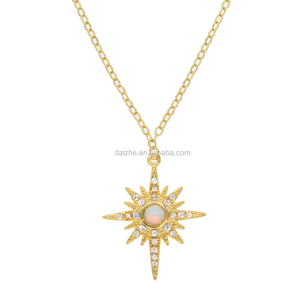 

2021 fashion gold plated sun shape dubai gold necklace with opal stone paved sun star pendant necklace, Black