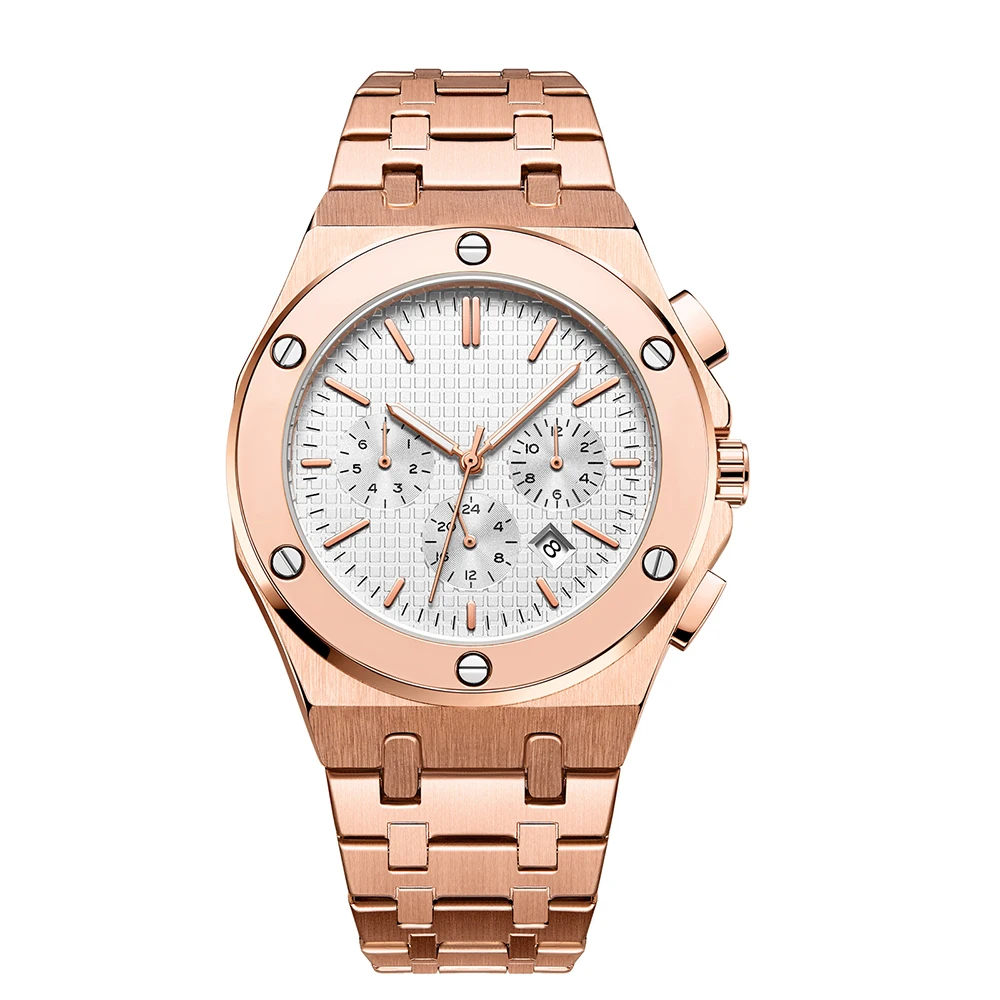 Men's Rose Gold Chronograph Automatic Watches 47mm Brushed Solid Stainless Steel band Butterfly Buckle Wrist Watch Mechanical