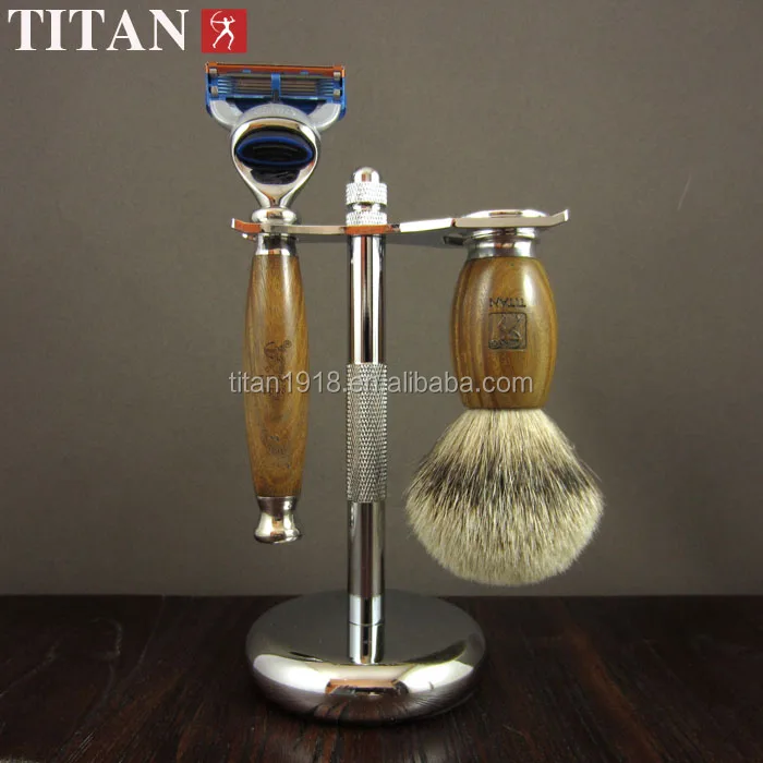 

razor set 5 layers blade razor with green sandal wooden handle ,have brush,stand