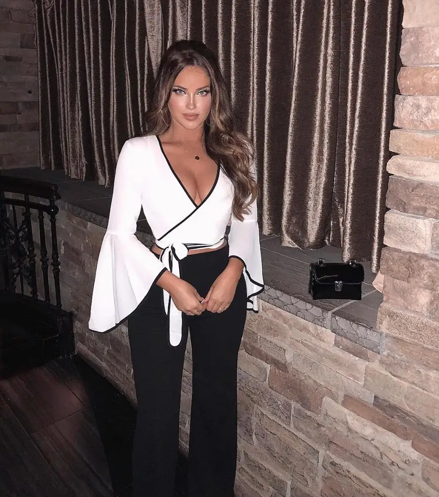 

Fashion White Long Flare Sleeve Hollow Out Shirt And Pants Suits Sexy 2 Piece Set Women