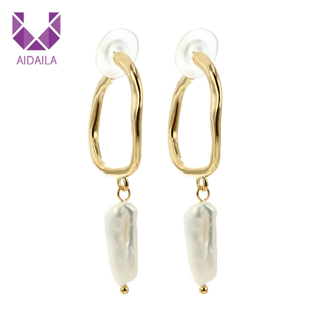 

AIDAILA Hot Sale Handmade Gold Plated Hoop Dangling Baroque Pearl Earrings Women, 18k gold