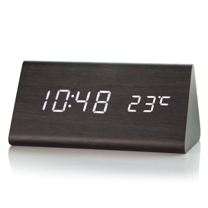 

KH-WC007 Modern LED Wooden Alarm Digital Desk Clock Thermometer Classical Time Calendar Updated Brighter LED Triangle Wood Clock