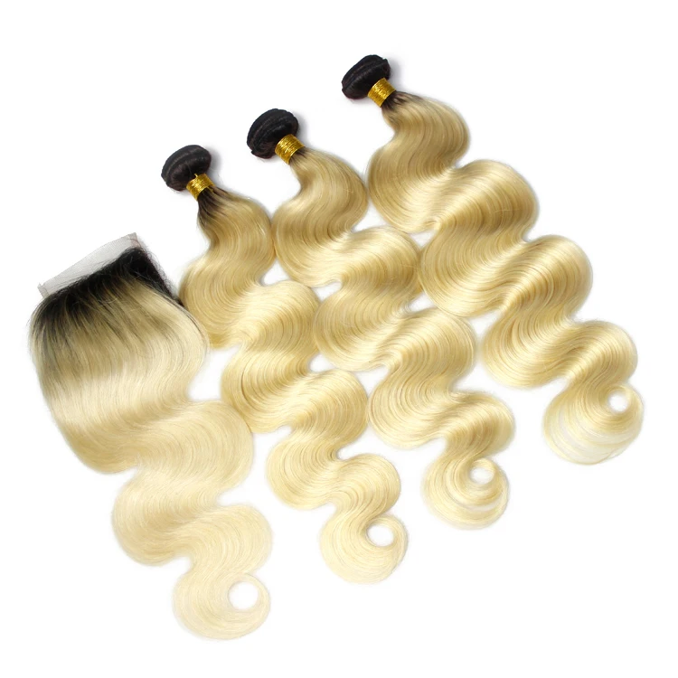 

European high quality thick color #613 blonde virgin bundle Brazilian hair with closure ear to ear cuticle aligned hair frontal, Natural color #1b to #2