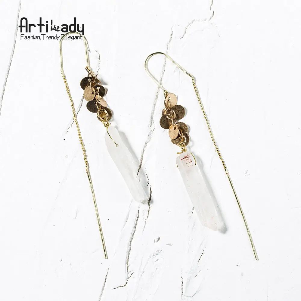 

Artilady natural raw crystal drop earrings antic gold spike ear line crystal earring