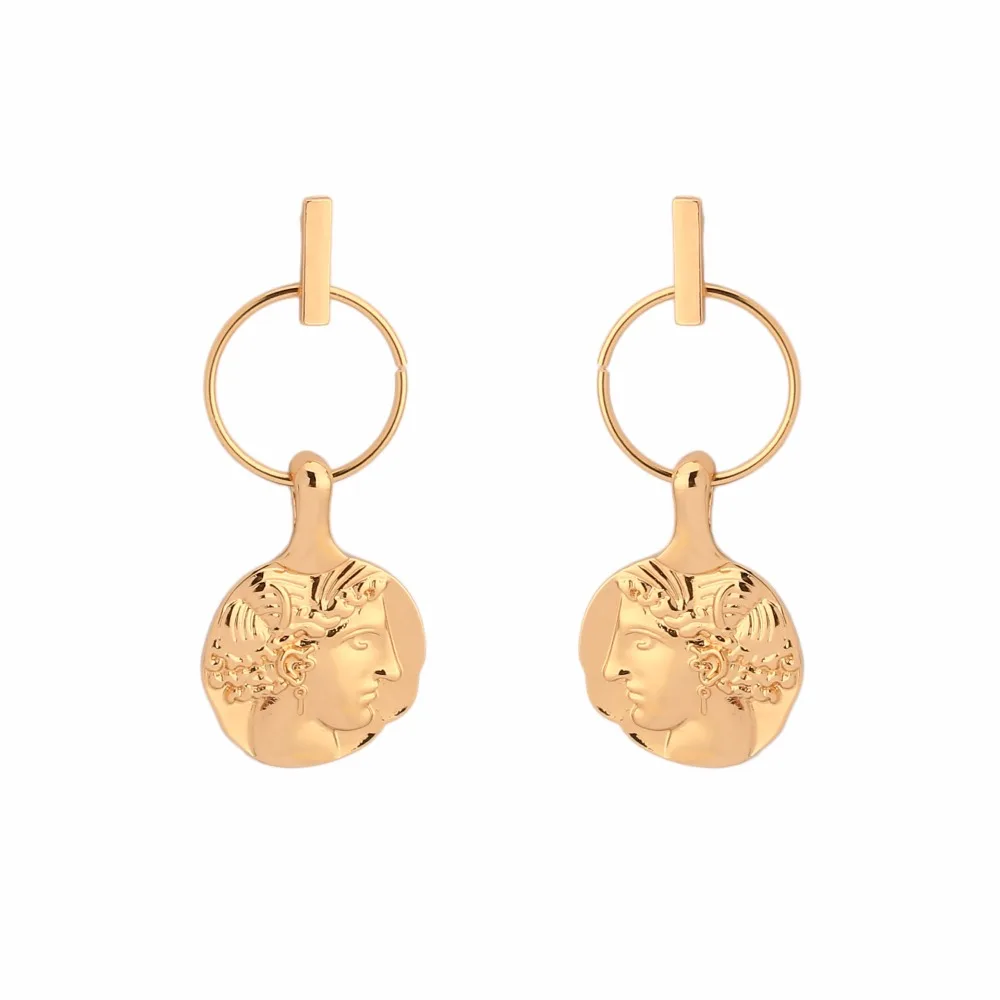 

Gold Bali Earrings Designs Geometric Round Coin Women Head Profile Drop Earrings