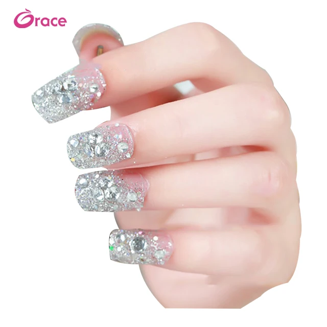 

AY 0071 artifical diamond bride fake nails back glue pre designed shining full cover 24 pcs/box false nail tips, Natural white clear