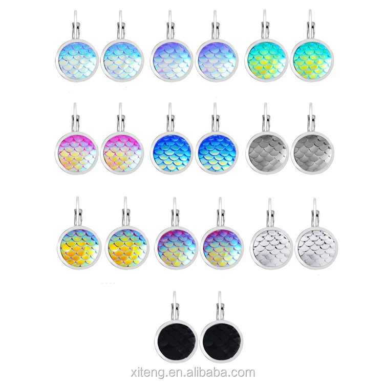 

Stainless Steel AB Color Round Resin Mermaid Fish Dragon Scale Ear Studs Earrings Jewelry, Pink/black/grey/blue/ab color