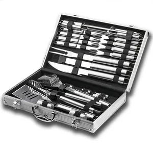 Image of 26PCS High quality multifunction portable outdoor barbecue fork knife kit set aluminum case bbq grill tool