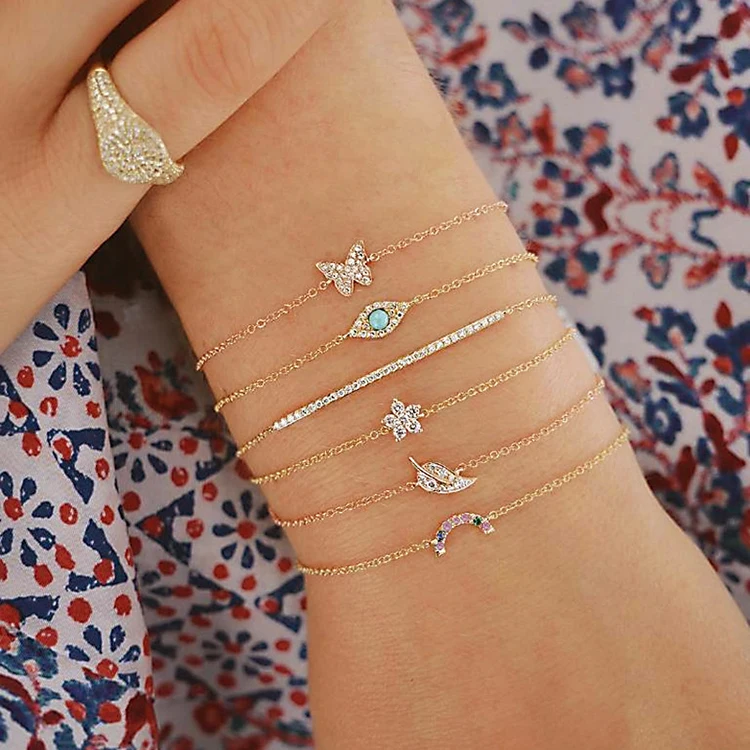 

Kiki Gem Shiny Gold Multilayer Chain Bracelet Set (KB8116) Butterfly Eye Star Moon Leaves Crystal Punk 6 Pcs/set Charm Bracelets, As picture