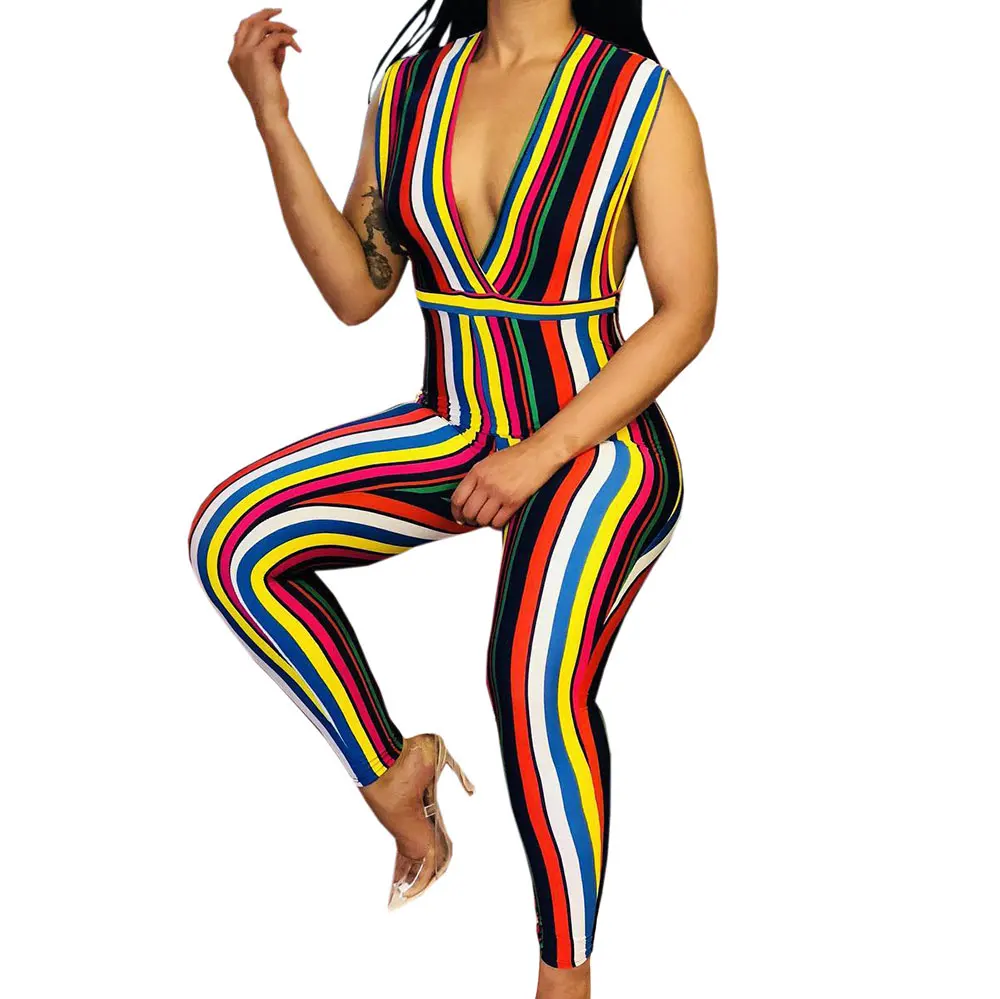 

80601-MX105 Factory new design one piece print stripe deep v jumpsuit for African women