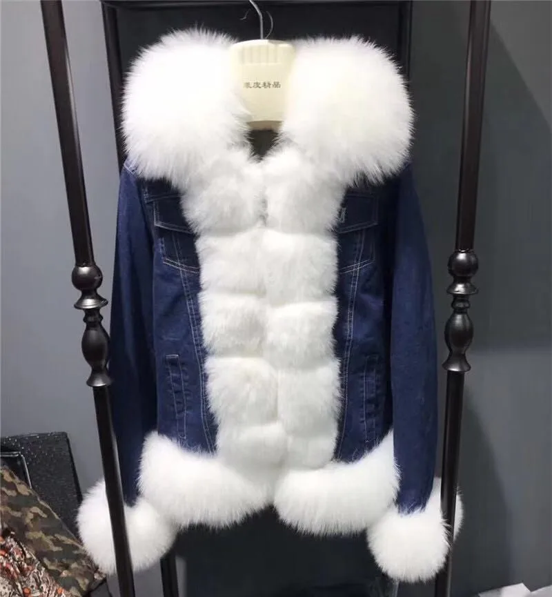 

Wholesale Women's Outerwear Short Winter Fox Fur Parka Custom Rex Rabbit Fur Lining Fur Denim Jacket