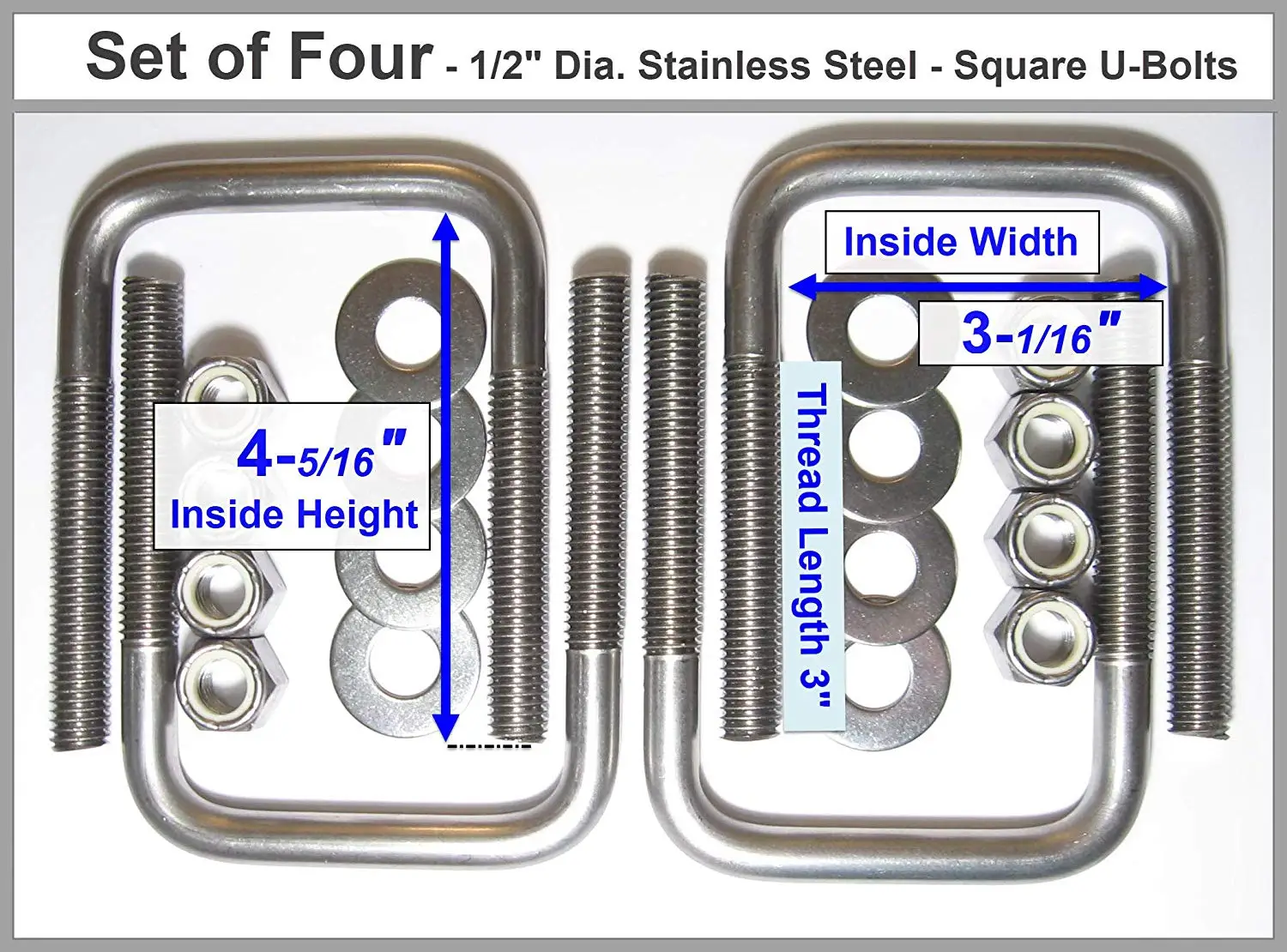 4 304 Stainless Steel Square UBolts Boat Trailer U bolt Ubolt 1/2 D x