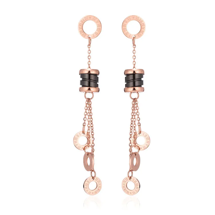 

Women Statement Long Fashion Bohemian Earrings With Tassel, Rose gold + black