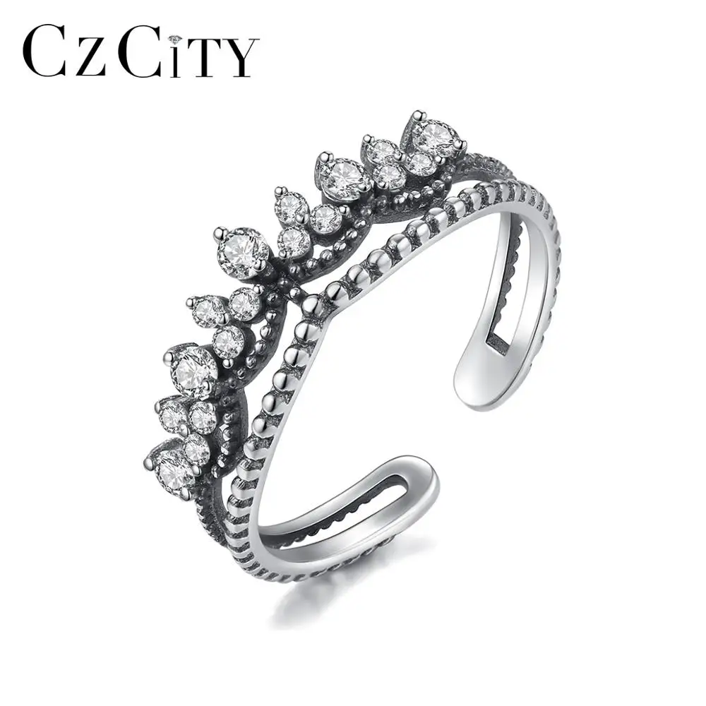 

CZCITY Luxury Vintage Sterling Silver Open Flexible Rings Women CZ Fascinating Trendy Adjustable Ring