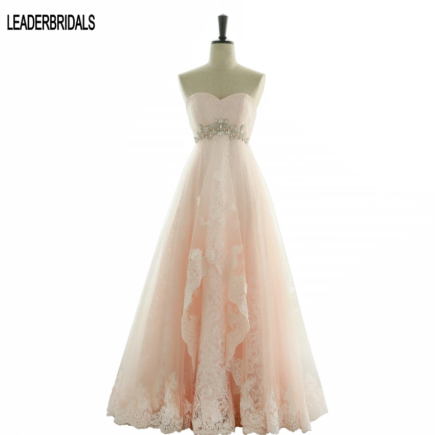 

L44 Boho Beach Wedding Dresses Sleeveless Beaded Lace Bridal Gown Strapless Pink Maternity Empire Waist Wedding Gown Real Photo