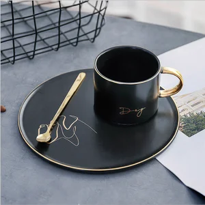 Image of Nordic Gold-plated Black Creative Ceramic Coffee Cup and Saucer Three-piece