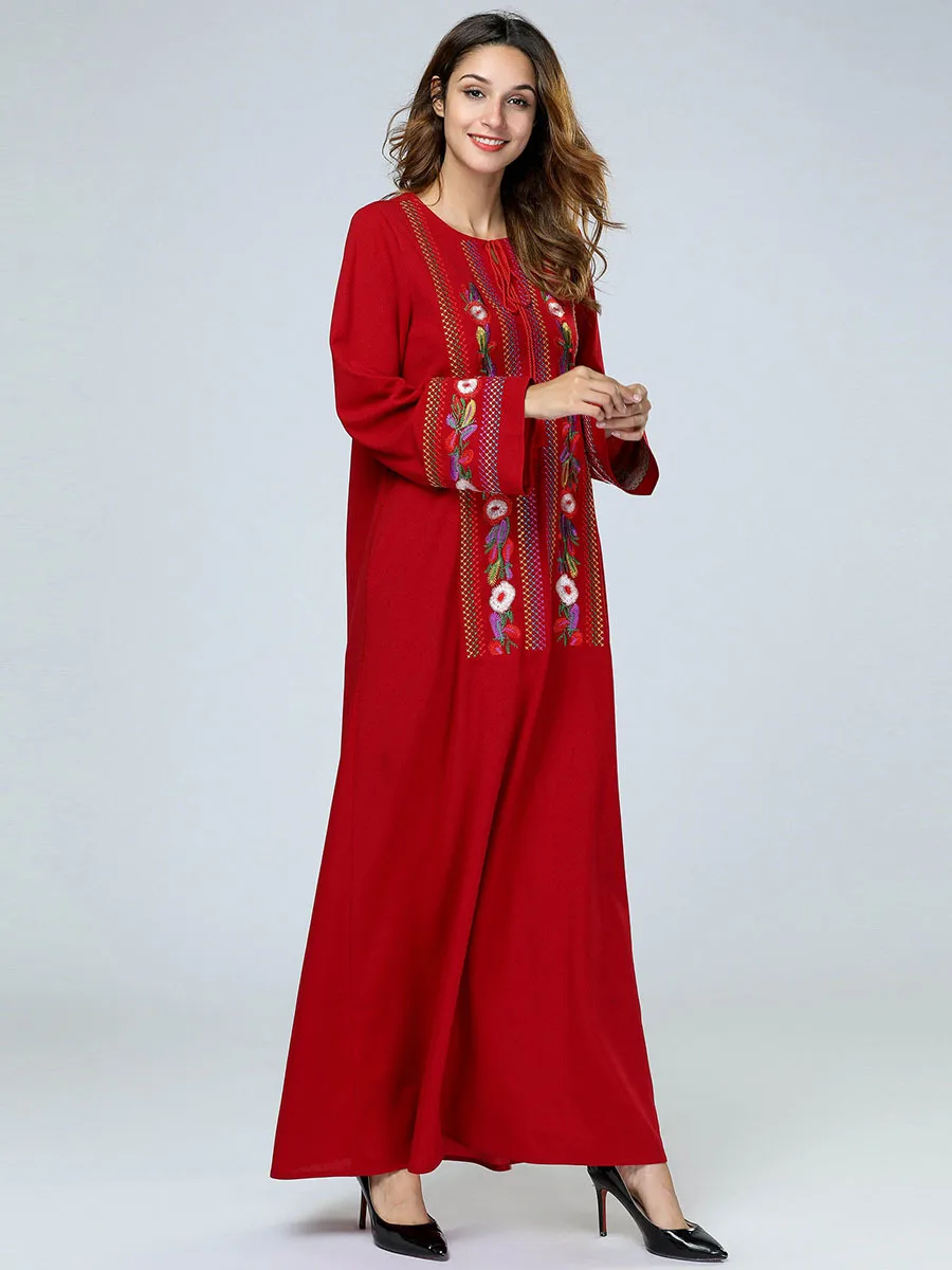 A4246 Women Flower Loose Turkish Ethnic Embroidery Dress Robe Muslim Arab Red Abaya Kaftan Buy