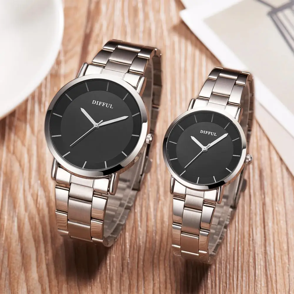 

Best Gift High-Grade Trendy Simple Black Dial Stainless Steel Strap Couple Quartz Watches, 2 colors as the picture