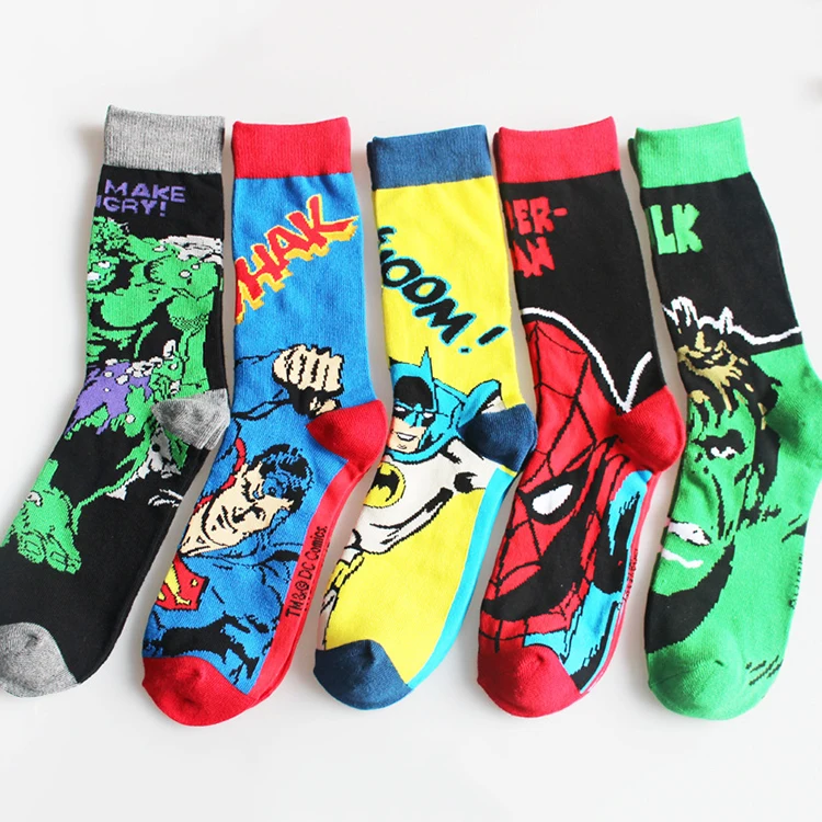 

Hot Sale Fashionable Cotton Colorful Hip Hop Superhero Cartoon Characters Socks Breathable Mens Crew Tube Socks, As shown