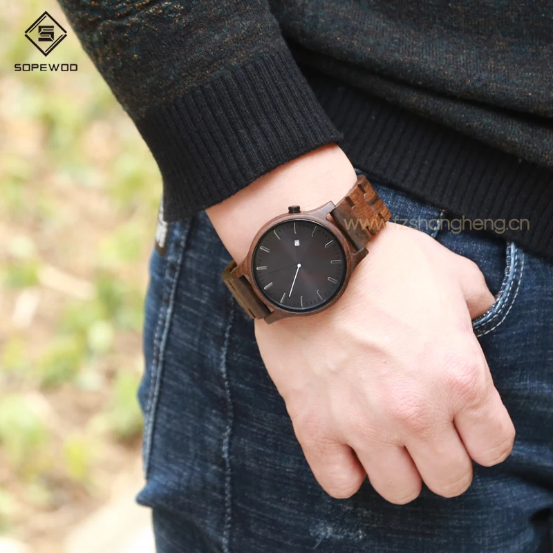 SOPEWOD custom oem big simple luxury fashion classic quartz japan movement mans watch with waterproof black men wood watch