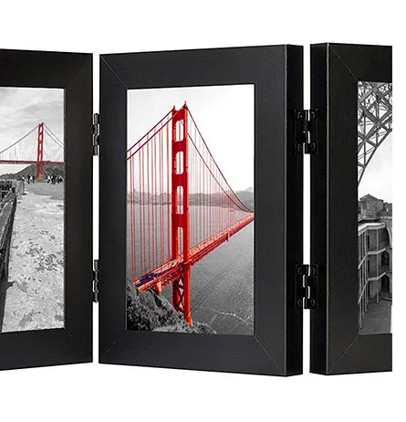 Wood Golden State Art Triple Hinged Table Desk Top Picture Photo Frame for 4x6 Photo 3 Vertical Openings with Real Glass