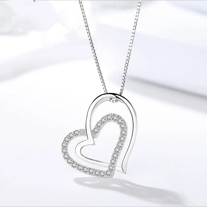 

A168 925 Sterling silver 18k gold anchor hollow double heart pendant for women by Moyu, White