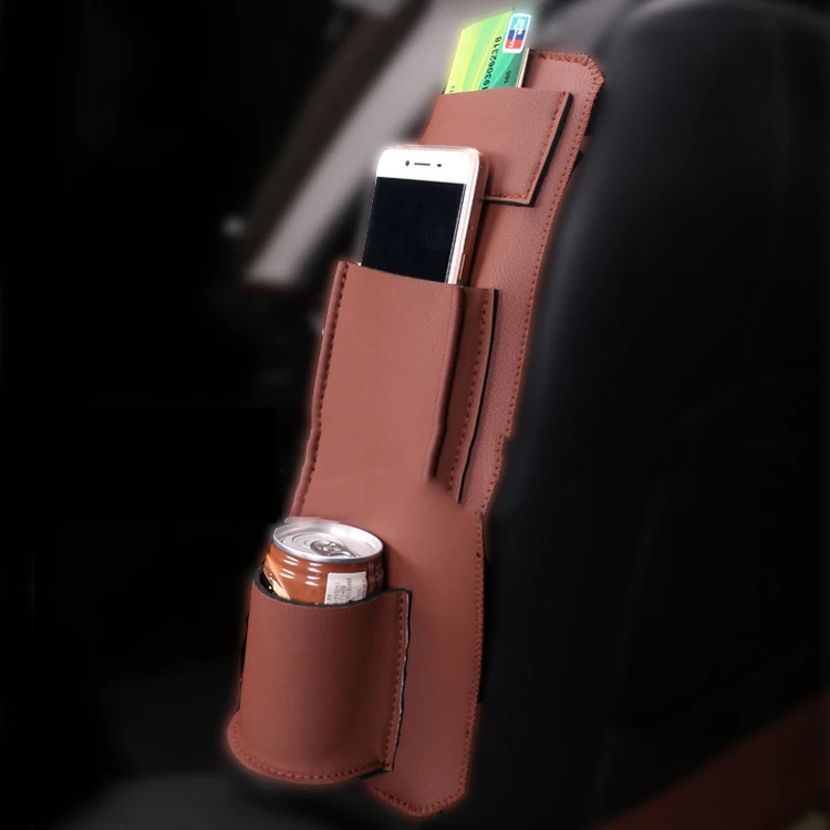 Portable cell phone drinks hanging storage bag,pu leather car seat side organizer