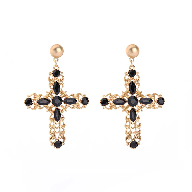 

ed01729c Gothic Style Cross Earring Black Gem Charm Handmade Jewelry, As picture