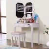 Solid Wood Modern Vanity Cosmetic Dressing Table Cabinet Mirror Makeup Desk with 2 Drawers, Mirror Table and Stool