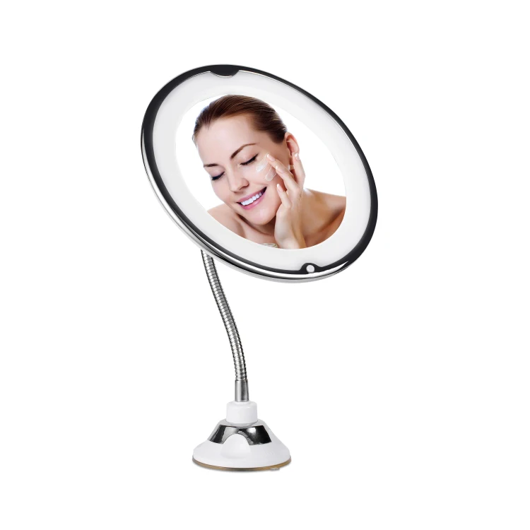 

flexible neck electric led metal 10x magnifi lighted bathroom round makeup mirror with led light, White