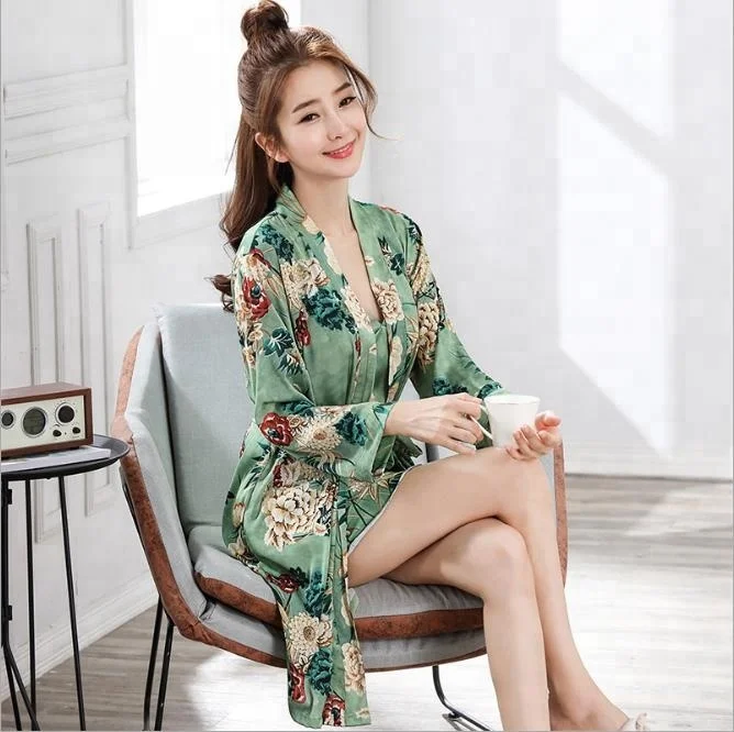 

New style women's pajamas in spring 2018, sexy ice silk halter robe, two-piece suit of colorful home wear, 3 colors